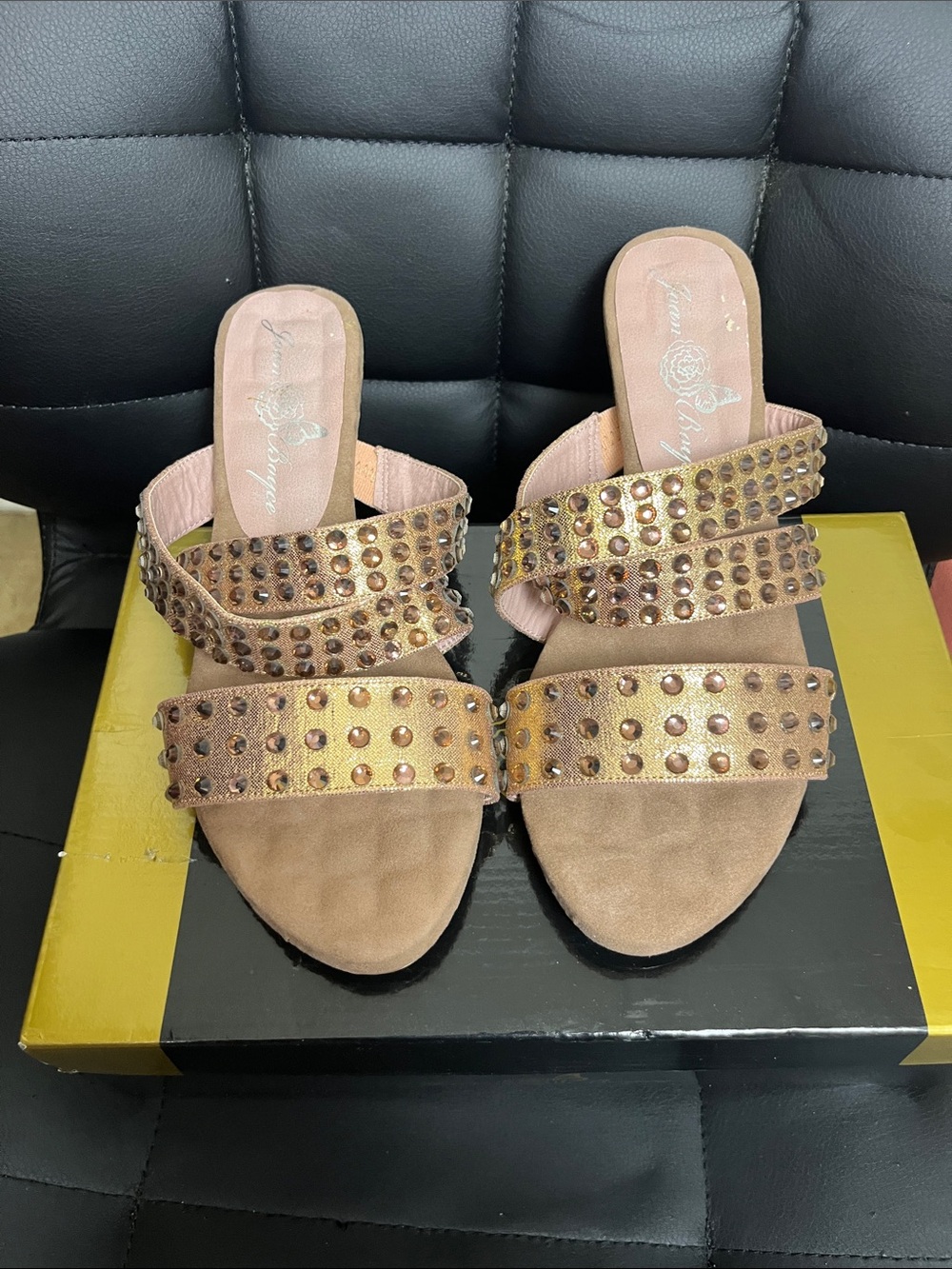 Joan Boyce Rose Gold Studded Double-Strap Slide Mules
